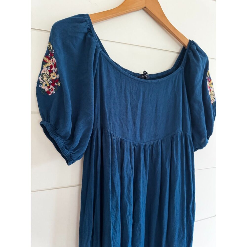 Mast Harbour Teal Embroidered Sleeve Boho Peasant Midi Dress Made in India Sz M